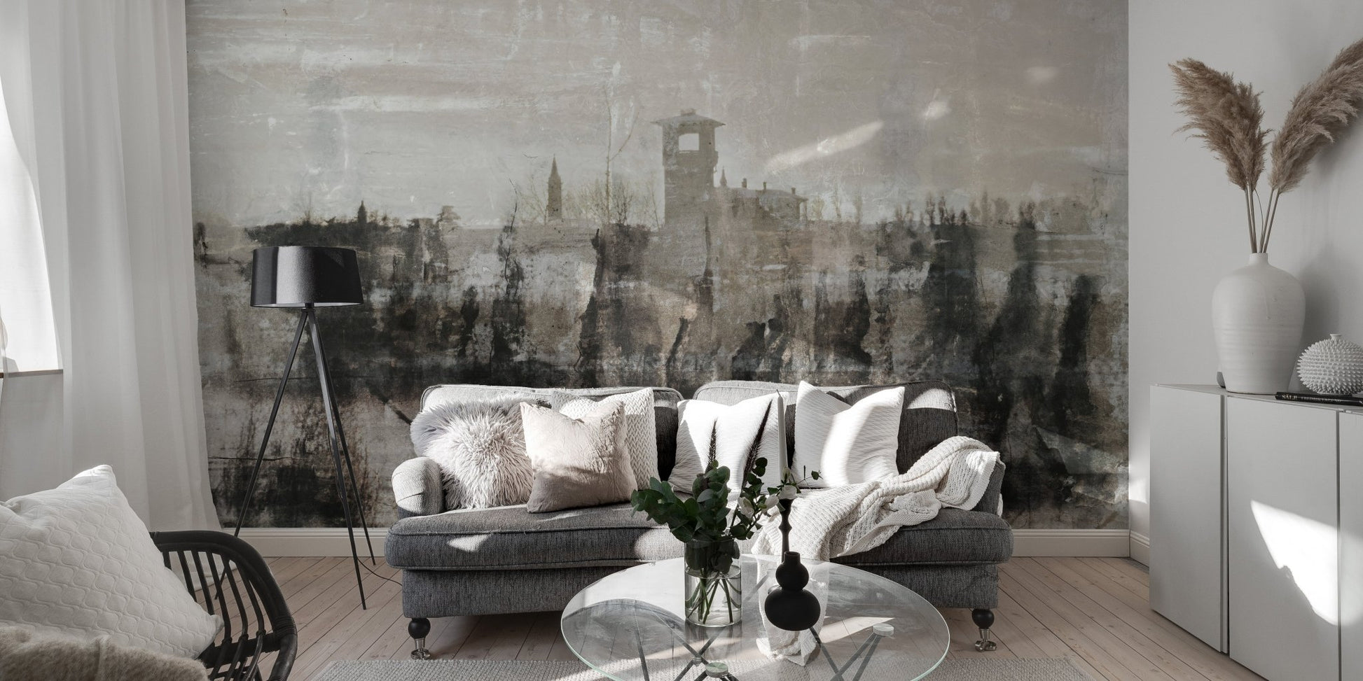Crumbling architecture ink mural in minimalist living room.