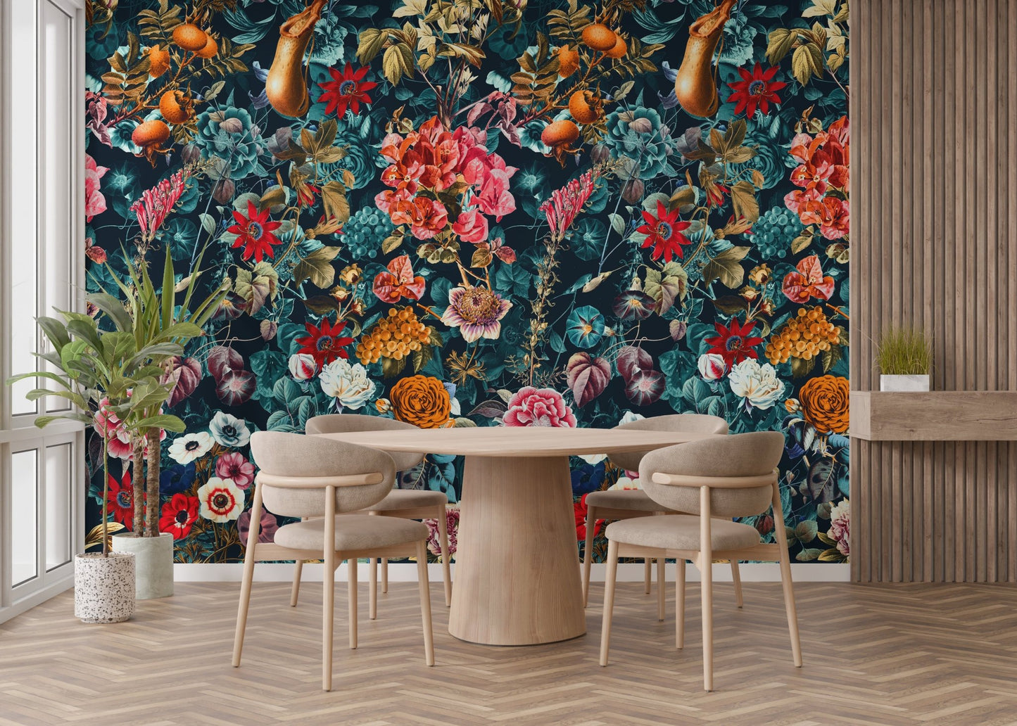 Inky Floral Intrigue Wallpaper in a dining room with wooden furniture.