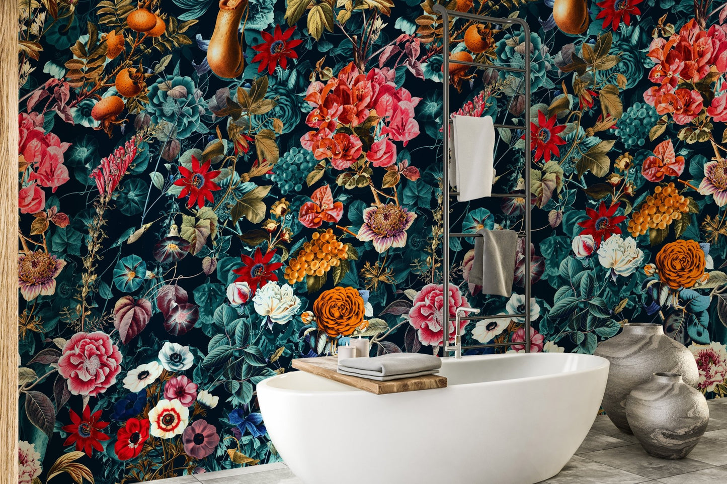 Floral wallpaper mural behind a luxury bathtub in a modern bathroom.