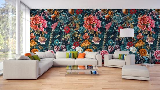 Floral wallpaper mural for living room with white sectional sofa.