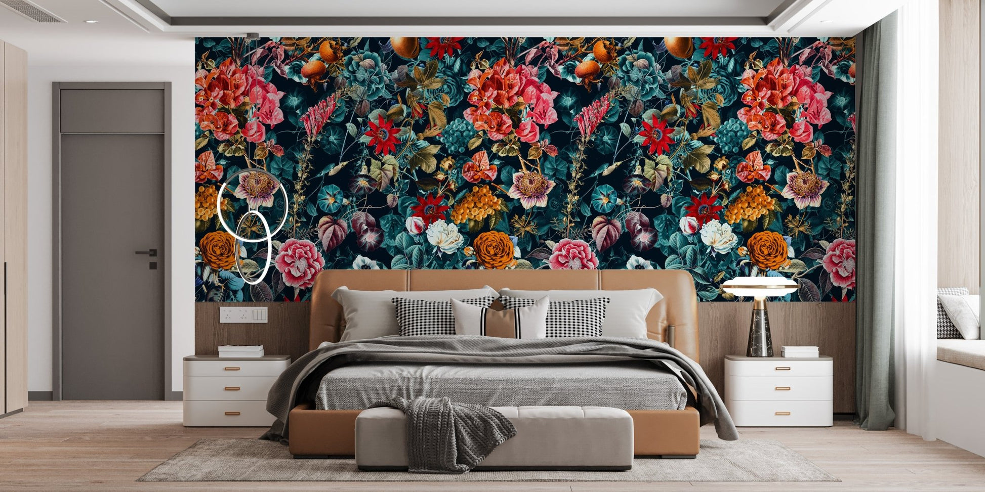 Moody Inky Floral Intrigue Wallpaper used as a bedroom feature wall.