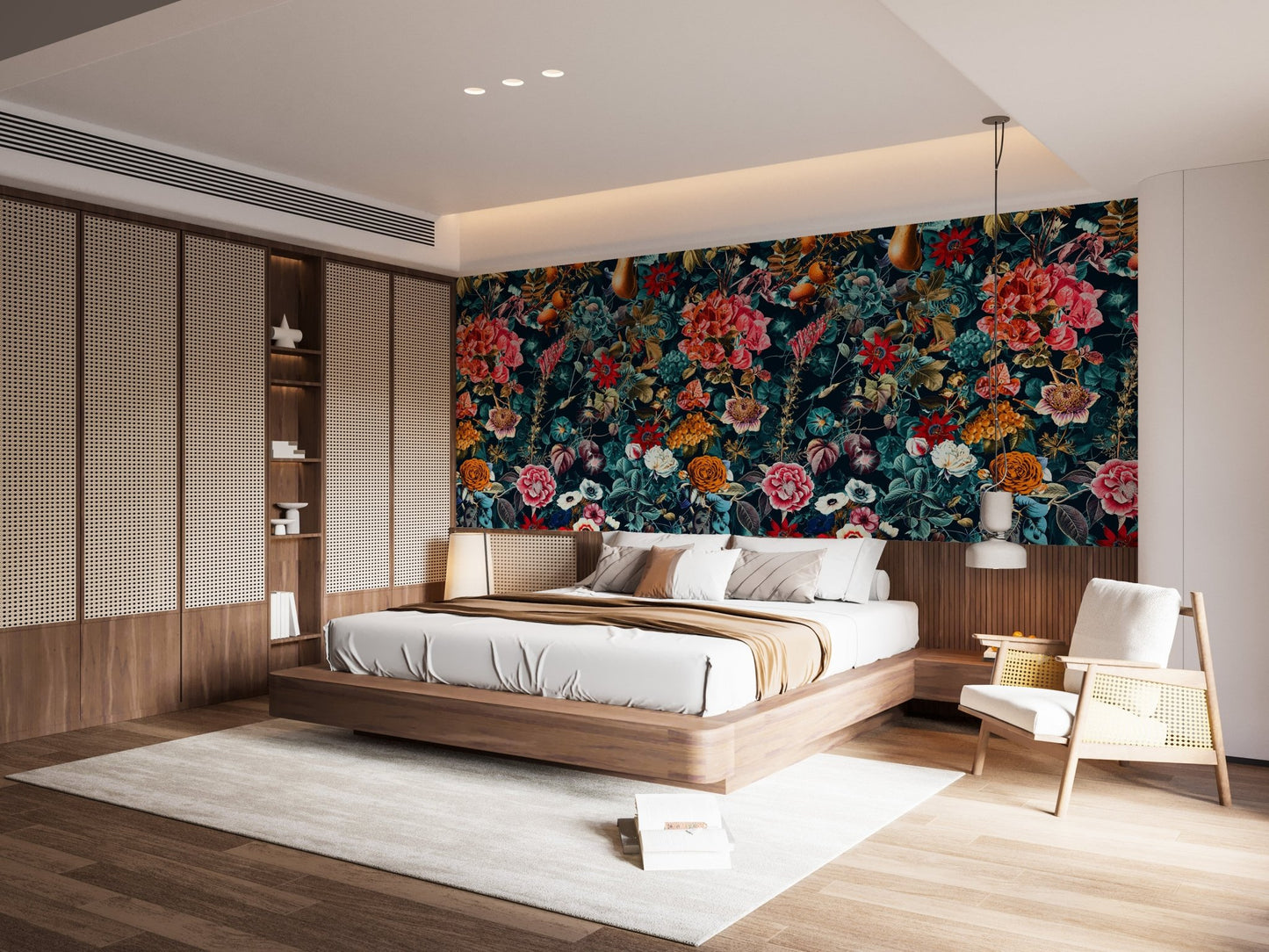 Moody inky botanical wallpaper for a sleek guest bedroom suite.