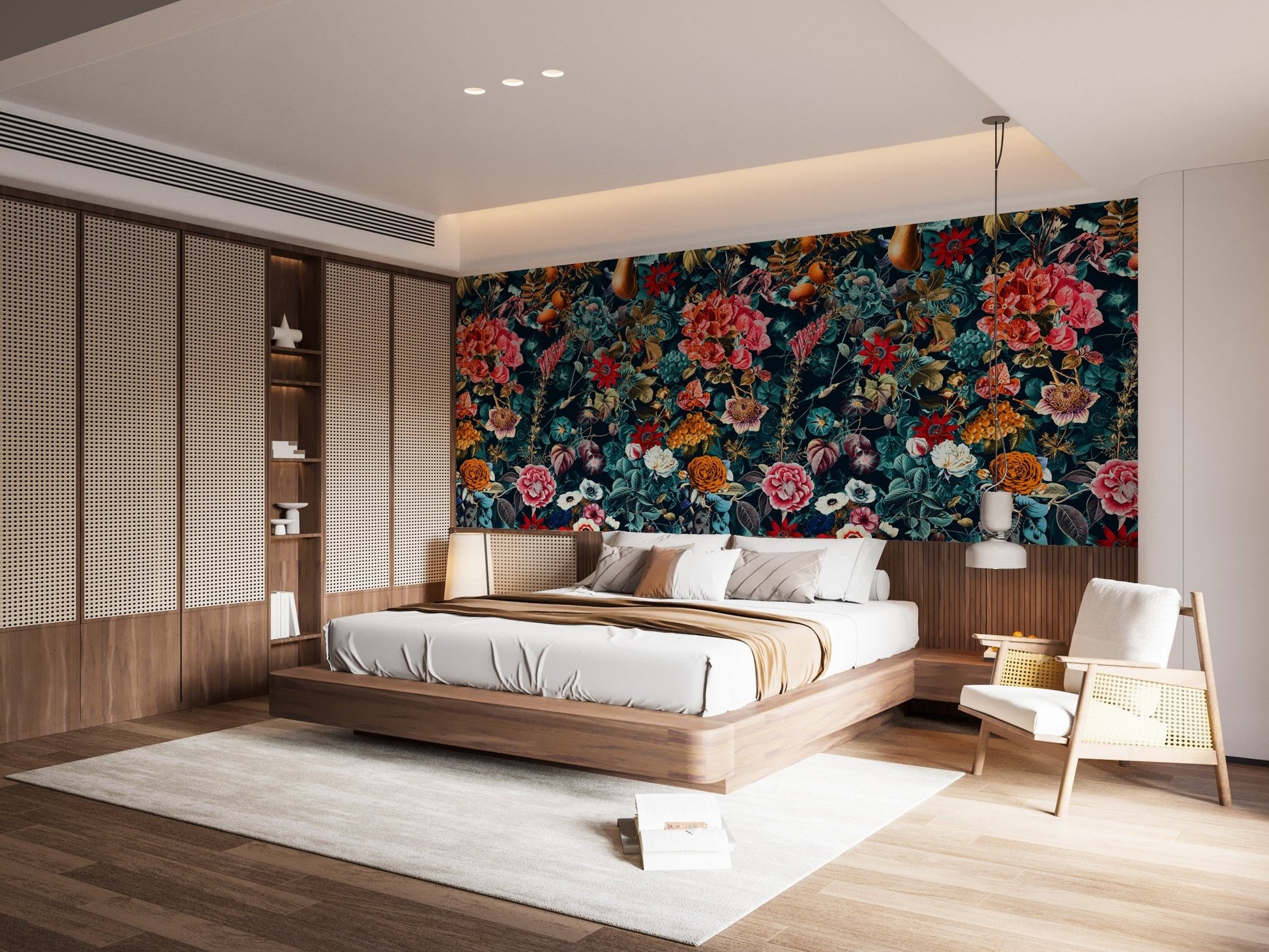 Moody inky botanical wallpaper for a sleek guest bedroom suite.