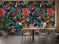 Large scale floral wallpaper in a minimalist lounge setting.