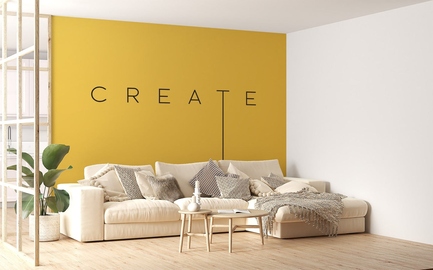 Yellow innovative wall mural with shadowed figure artwork.