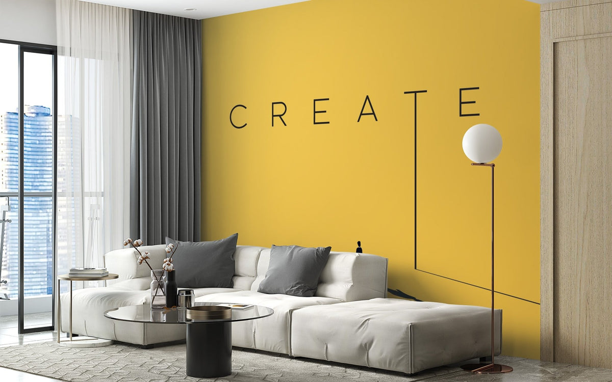 Yellow statement wallpaper mural with modern artistic layout.