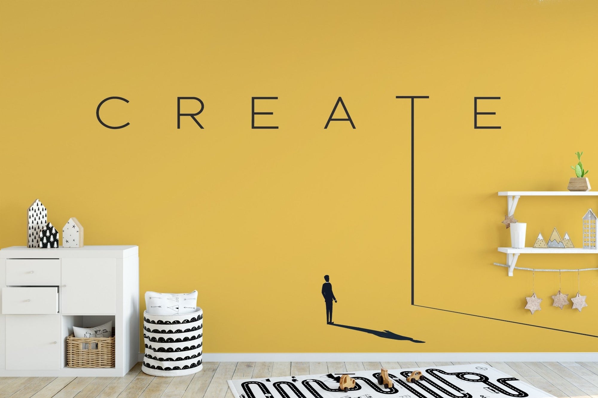 Innovative minds wallpaper mural with yellow background and silhouette.