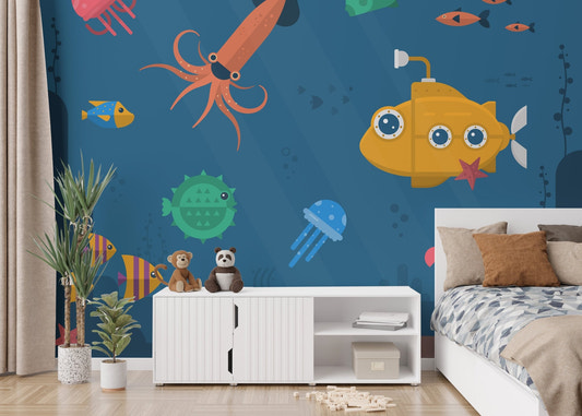 Blue ocean wall mural with a yellow submarine in a bright children’s bedroom.