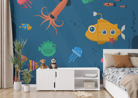 Blue ocean wall mural with a yellow submarine in a bright children’s bedroom.