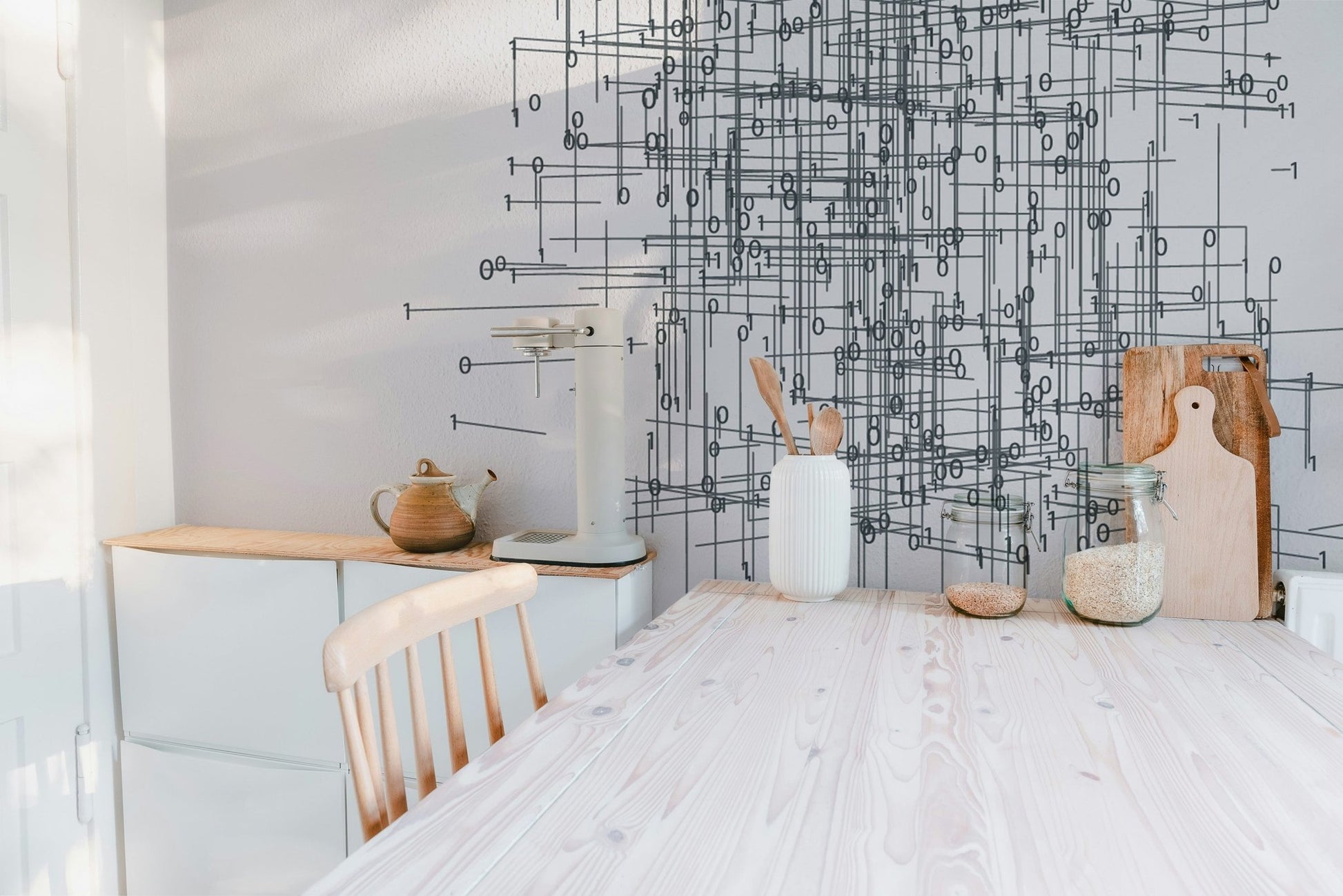 Intricate network wallpaper mural with structured line composition.
