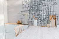 Intricate network wallpaper mural with structured line composition.