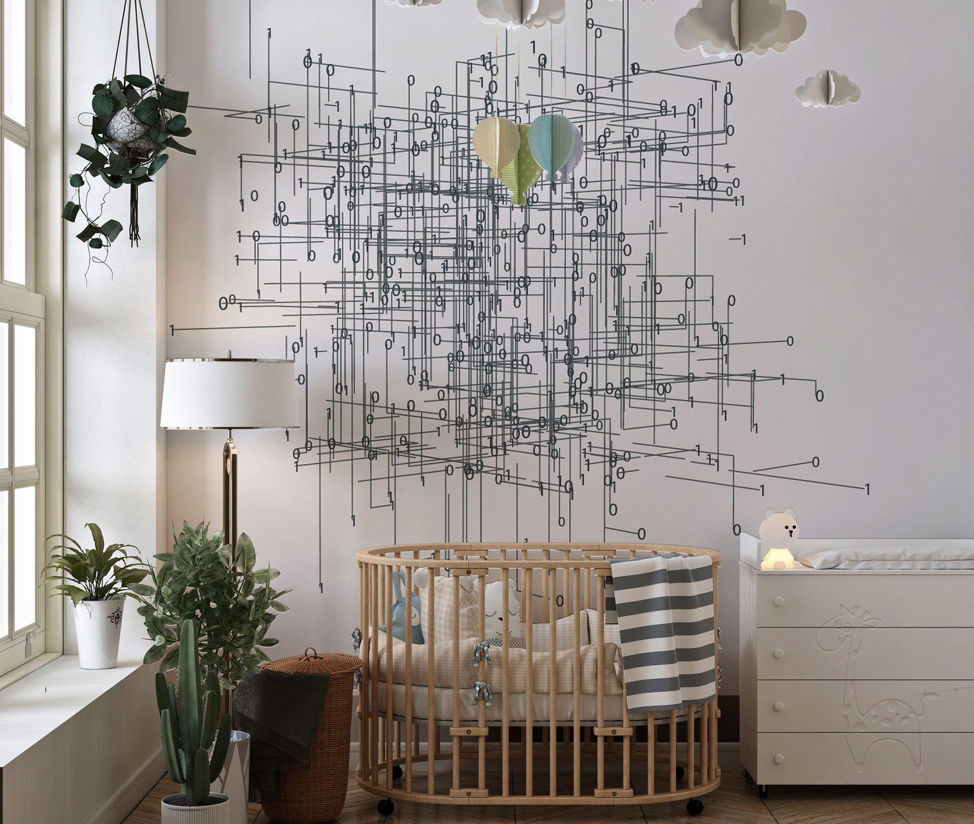 Contemporary network pattern wallpaper mural with fine linear details.