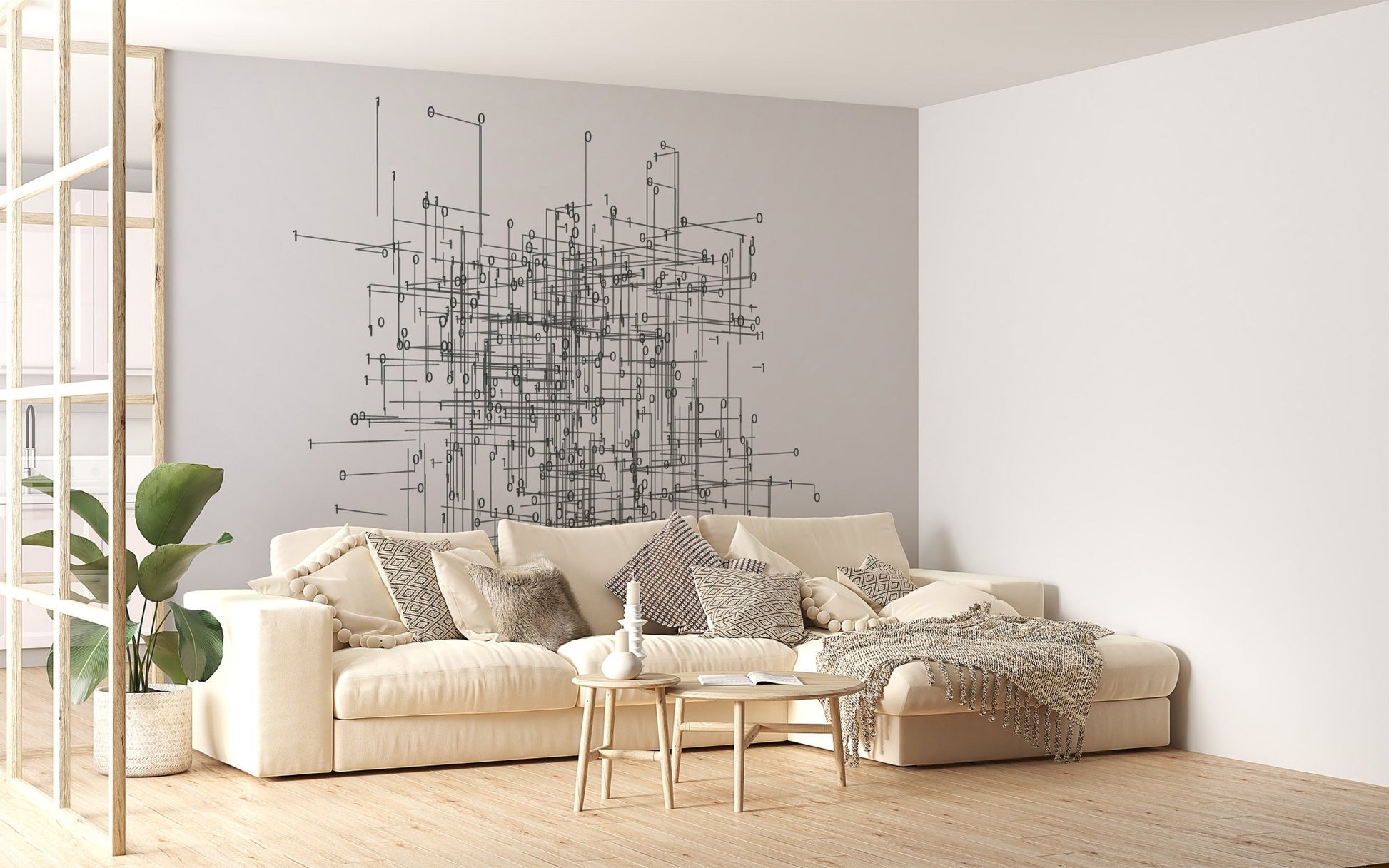 Intricate network wallpaper mural featuring digital linework design.