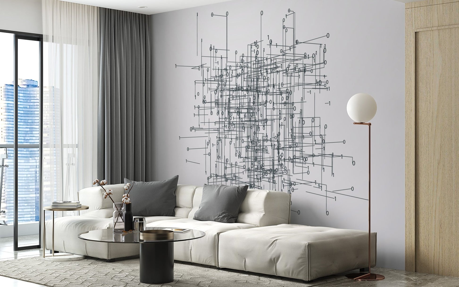 Linear architectural pattern wall mural wallpaper with layered nodes.