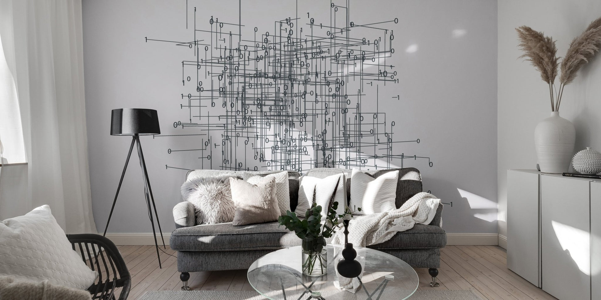 Minimal tech inspired wallpaper mural with geometric network lines.