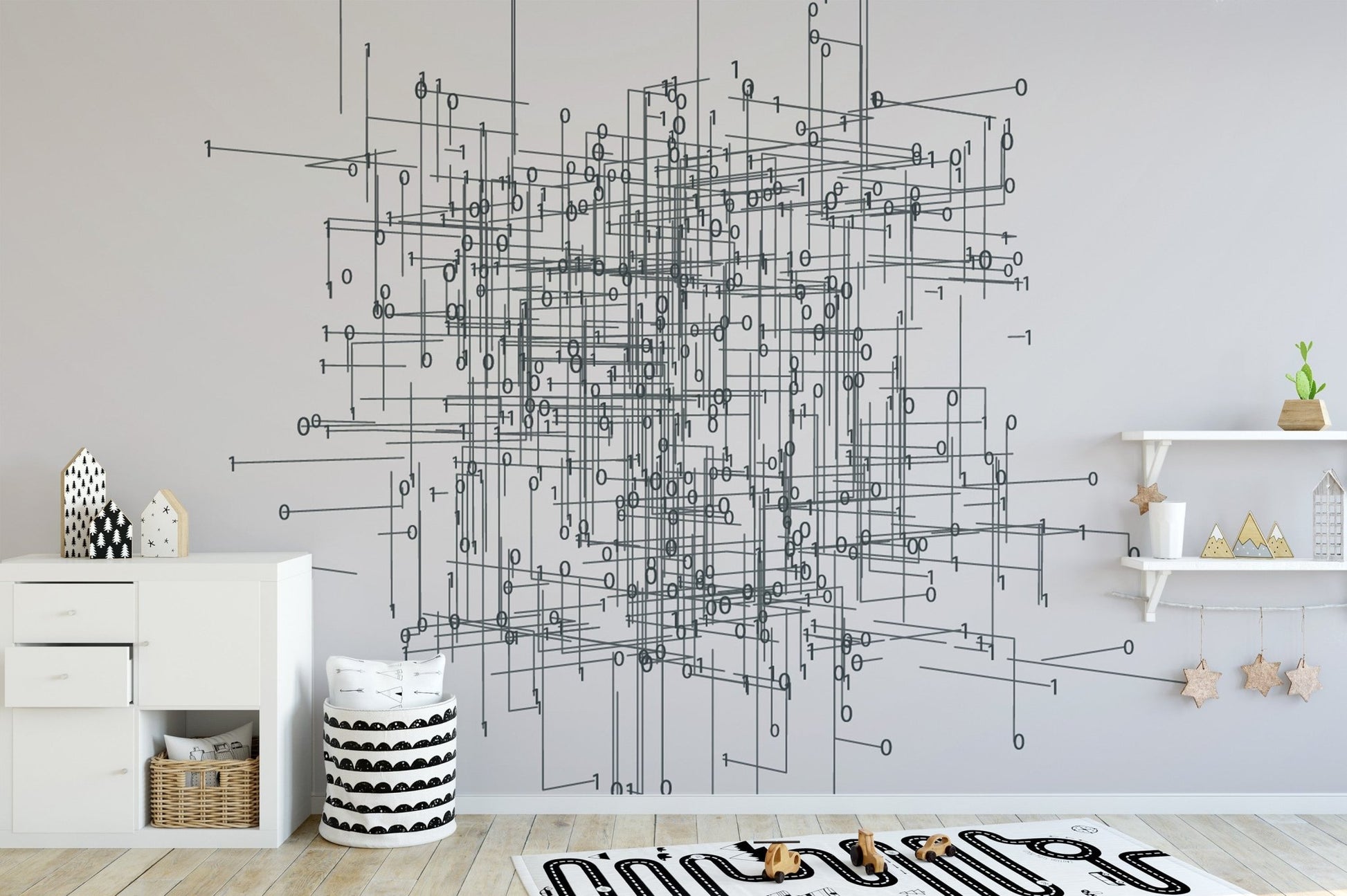 Intricate network wall mural with abstract line grid in gray tones wallpaper.