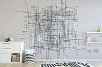 Intricate network wall mural with abstract line grid in gray tones wallpaper.