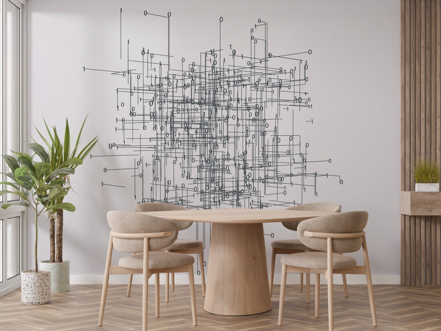 Technical schematic style wallpaper mural with detailed line art.