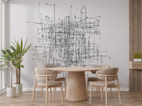 Technical schematic style wallpaper mural with detailed line art.