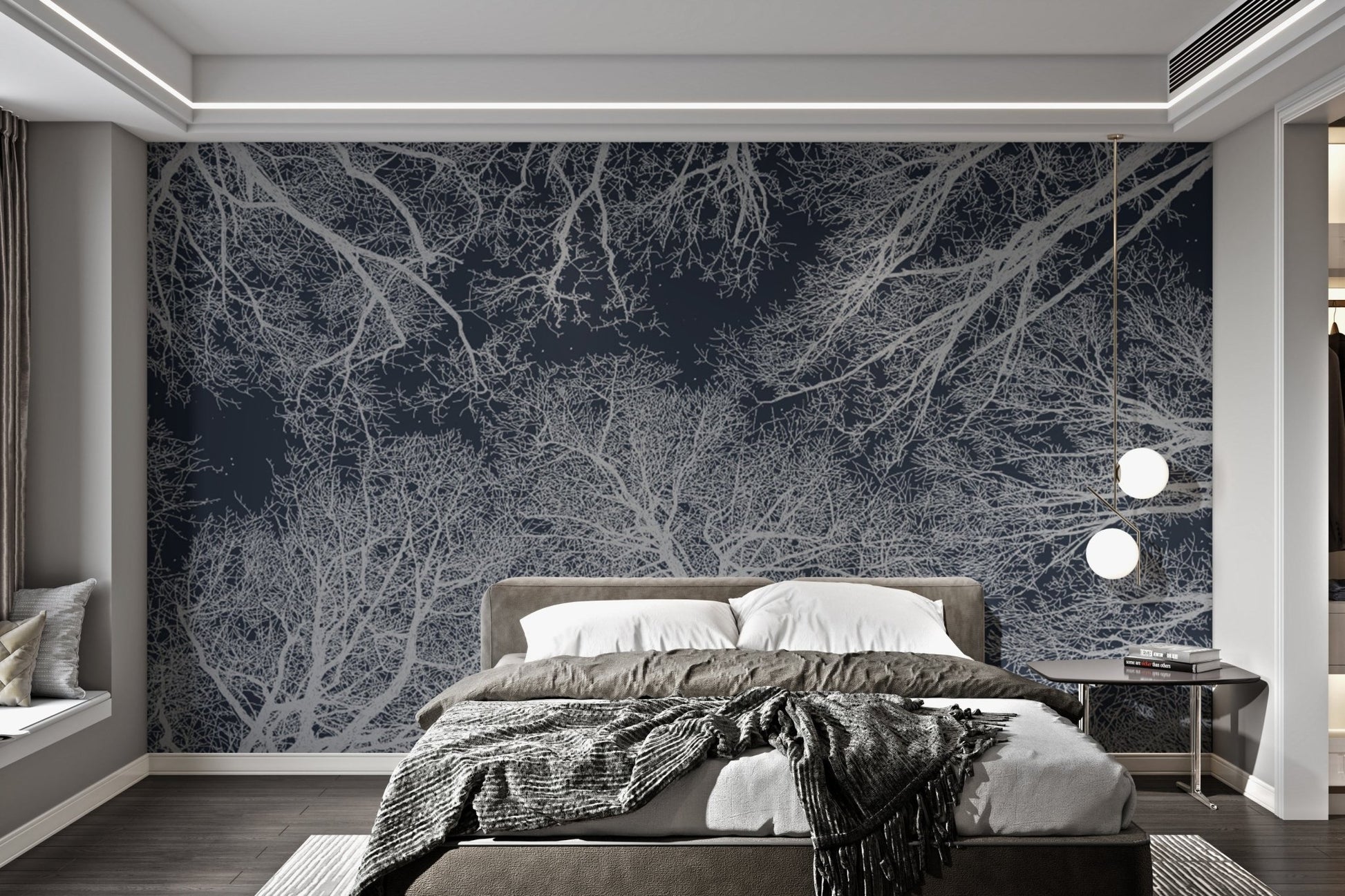 Elegant tree silhouette mural for modern bedroom wall decor.