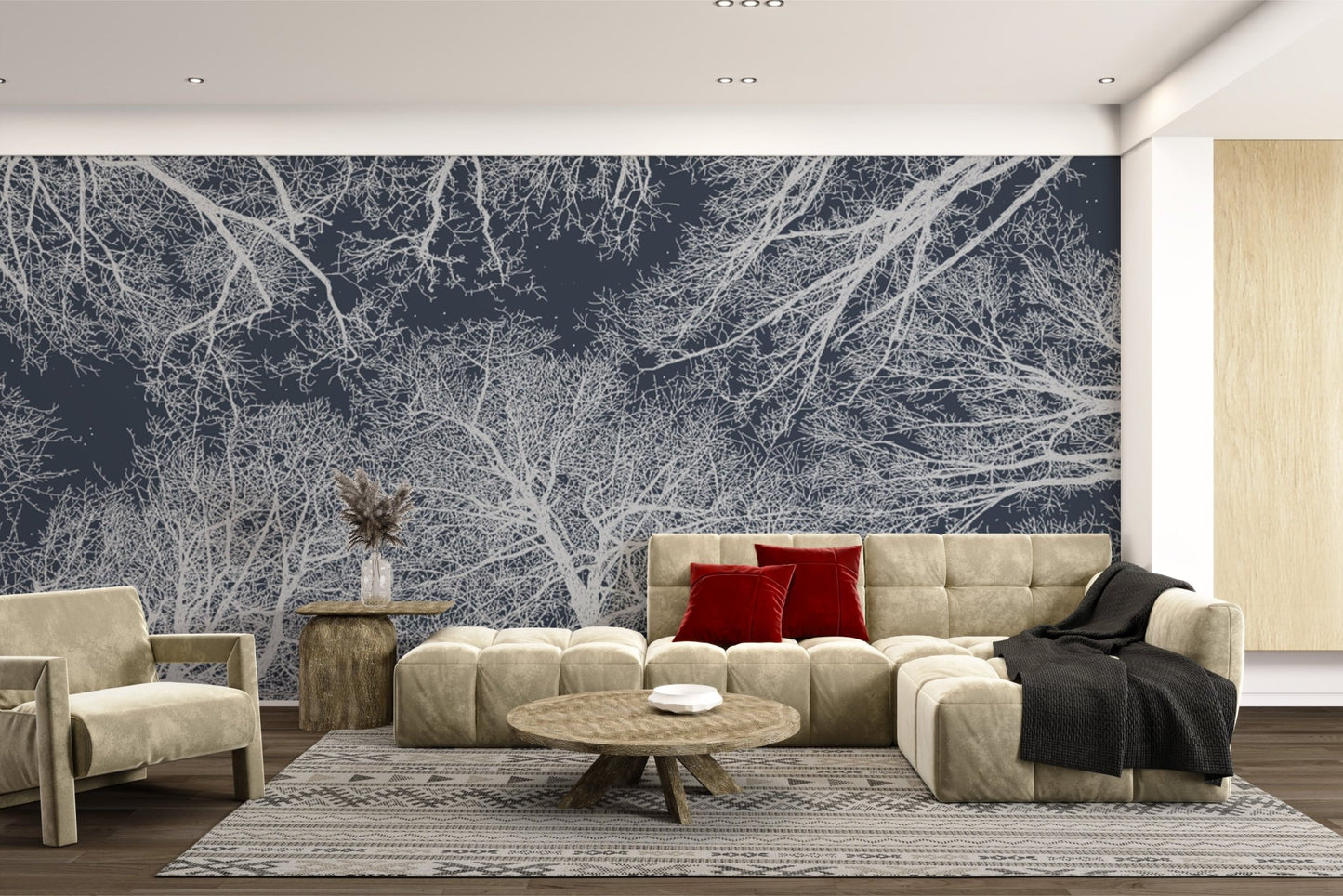 Intricate tree design in a stunning silhouette wall mural for living area.