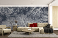 Intricate tree design in a stunning silhouette wall mural for living area.