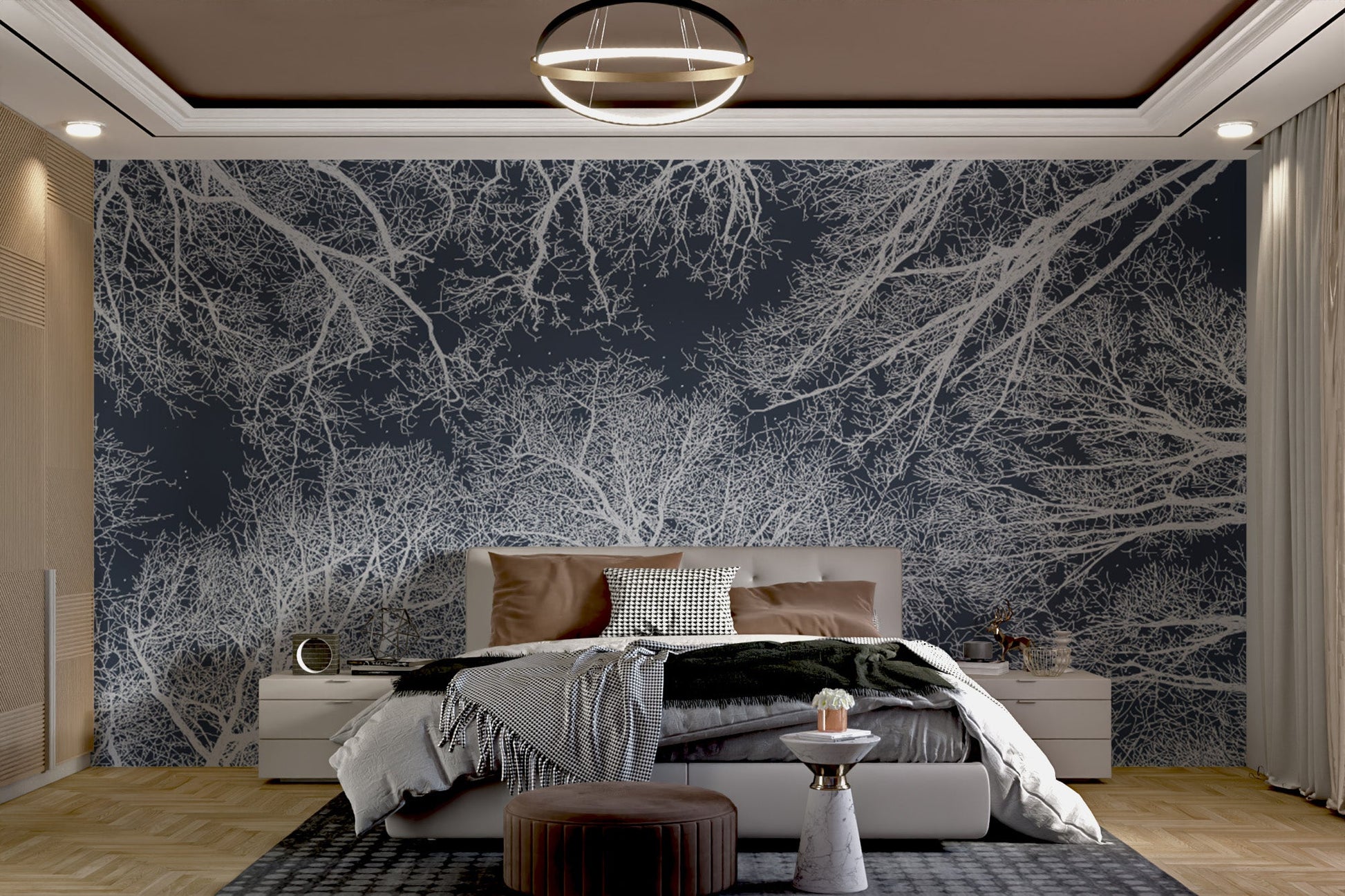 Stylish wall mural showcasing an intricate tree silhouette for bedroom interior.