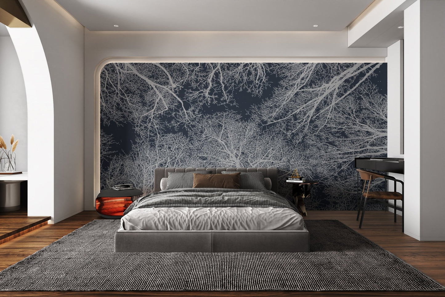 Nature-inspired mural with intricate tree silhouettes for bedroom wall.