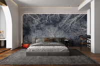 Nature-inspired mural with intricate tree silhouettes for bedroom wall.