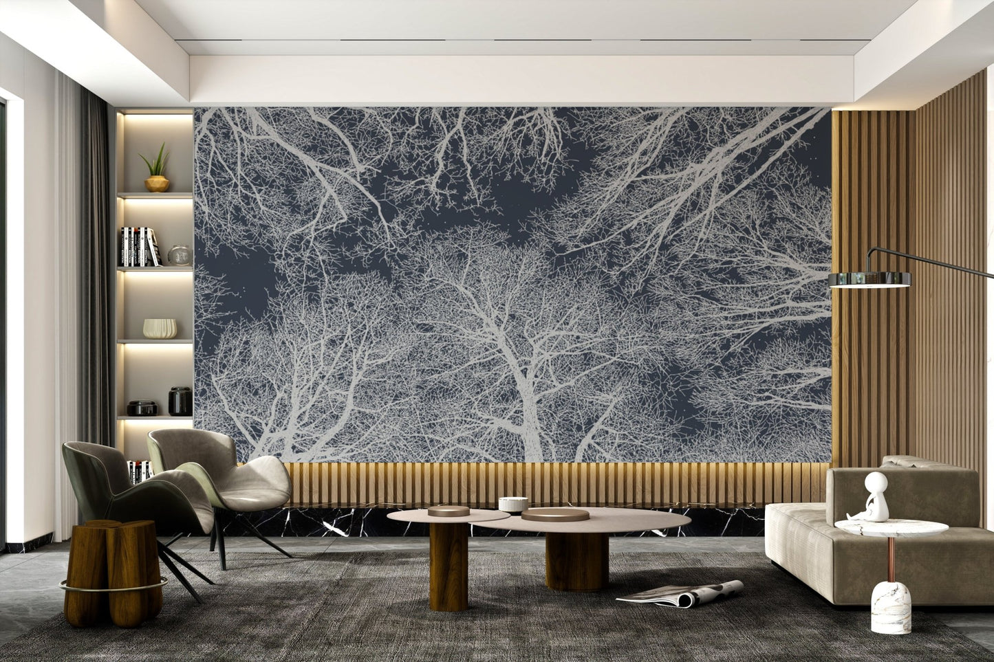 Wall mural featuring an intricate tree silhouette design for living room.