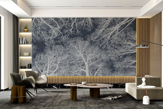 Wall mural featuring an intricate tree silhouette design for living room.