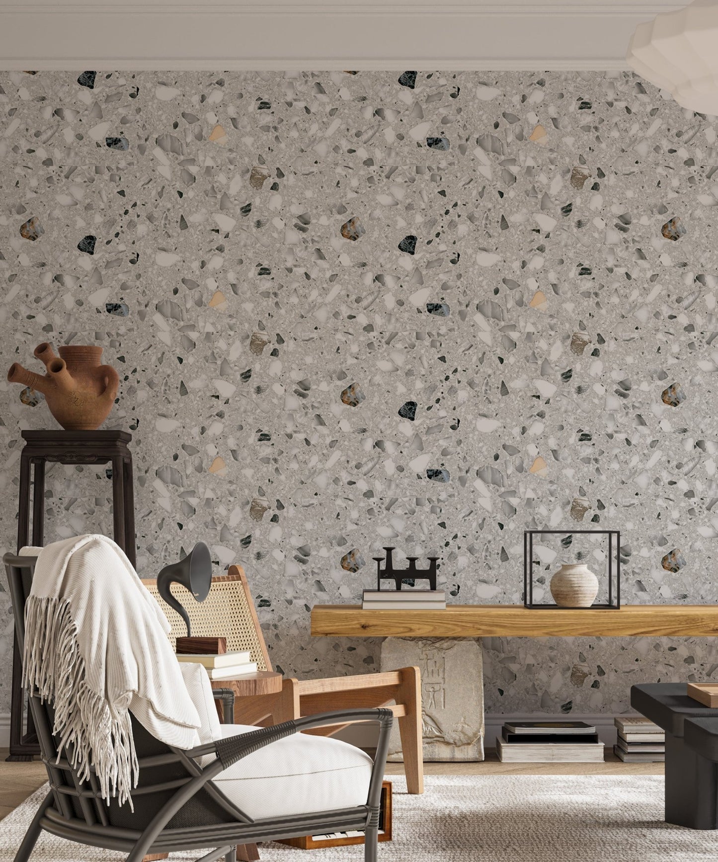 Italian style terrazzo flooring vector grey wallpaper in a living area with a rocking chair.