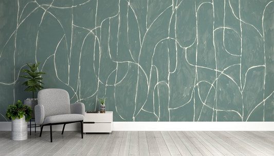 Jade blue boulder beach wallpaper with white organic line patterns.
