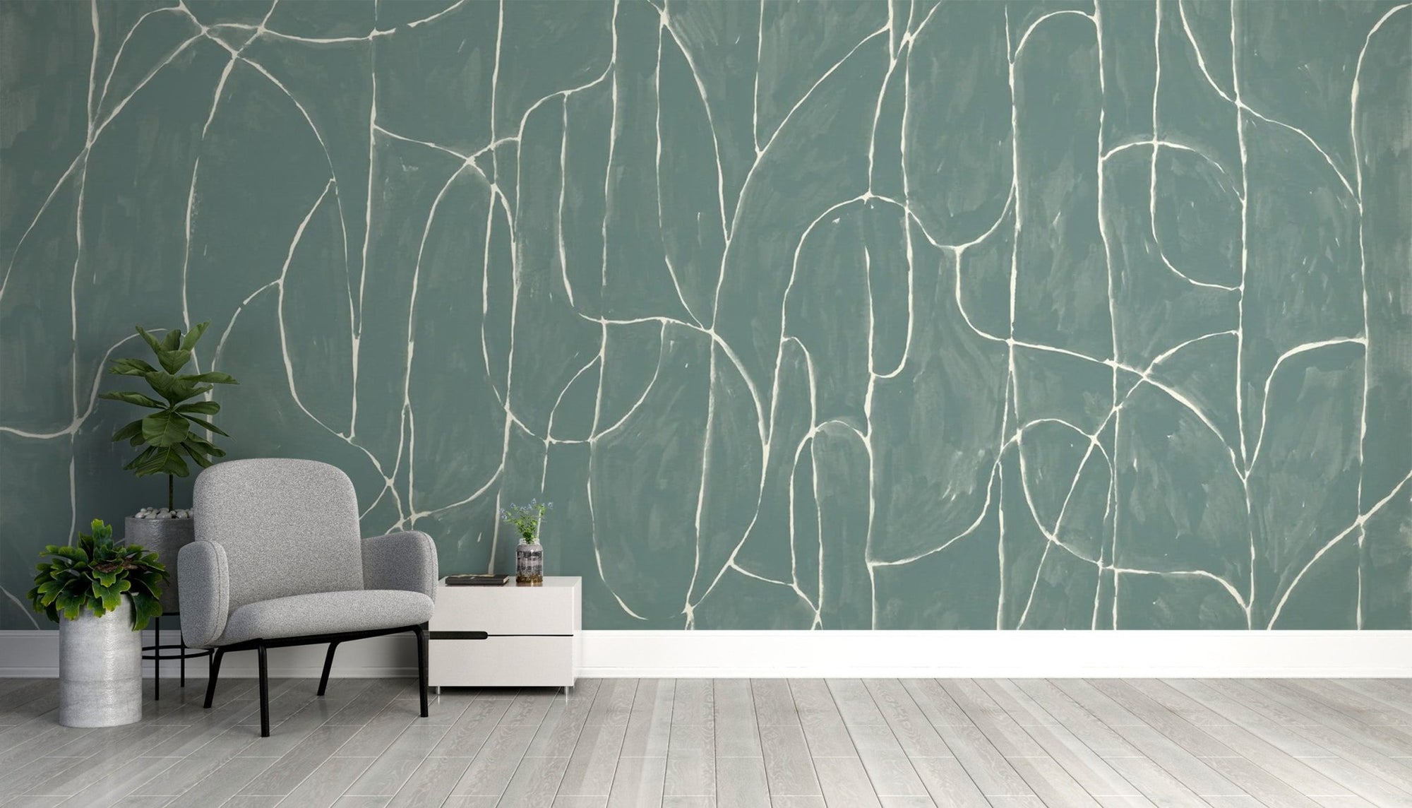 Jade blue boulder beach wallpaper with white organic line patterns.