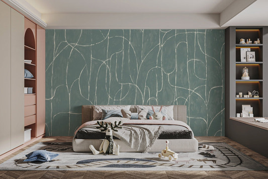 Abstract sage blue wall mural featuring flowing curved linework.