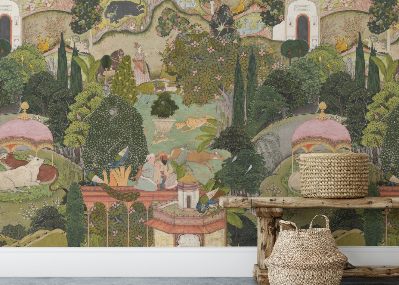 Decorative heritage garden wallpaper wall mural in warm natural hues.