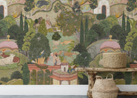 Decorative heritage garden wallpaper wall mural in warm natural hues.