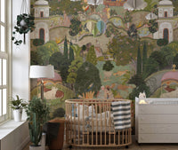 Classic garden scene wallpaper wall mural with domes and greenery.