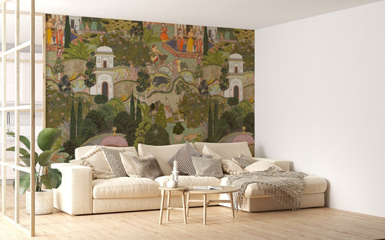 Vintage palace landscape wallpaper wall mural with animals.