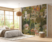 Traditional Indian garden wall mural wallpaper in earthy tones.