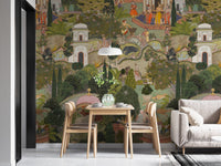 Jaipur garden scenic wallpaper mural in detailed illustration style.