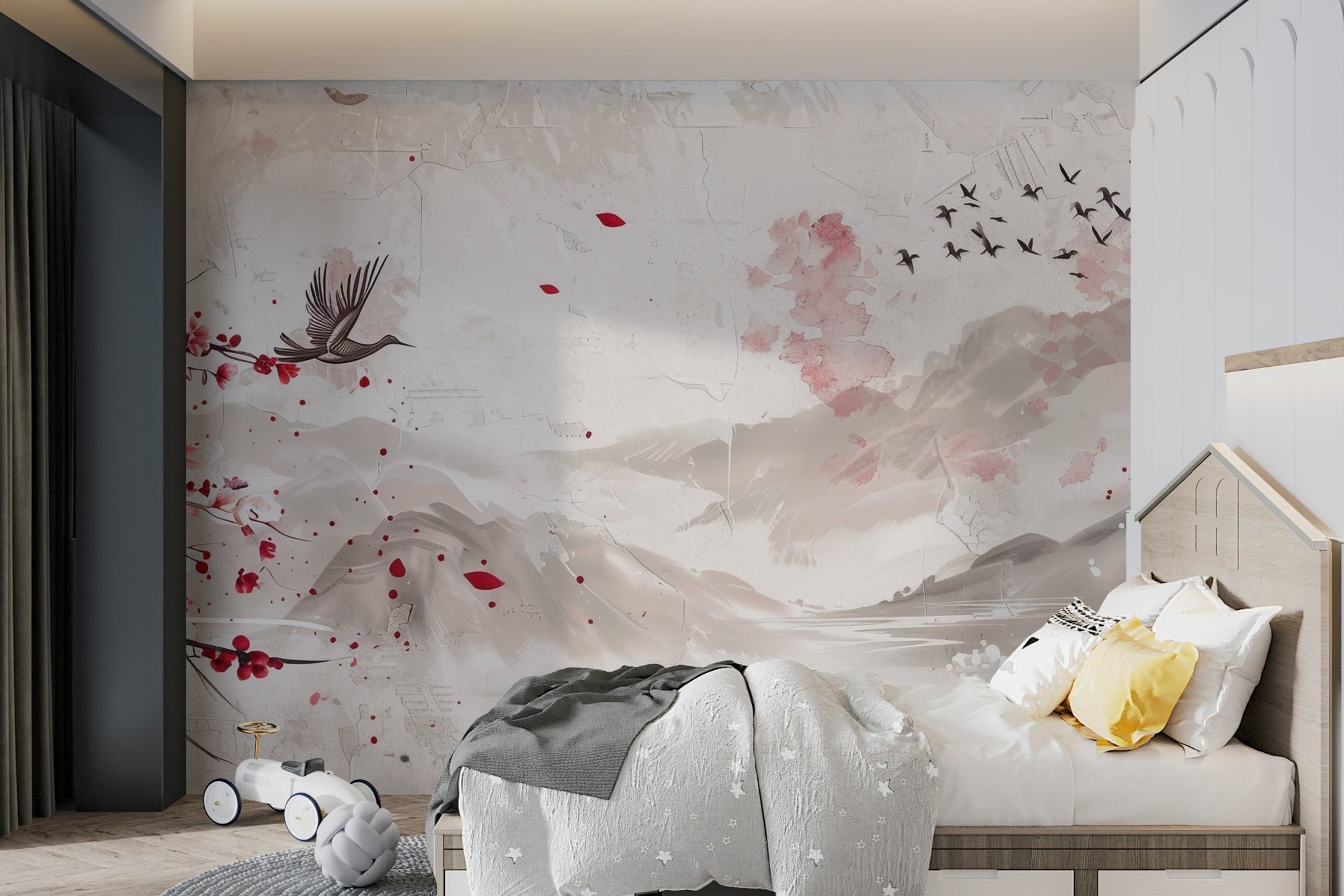 Cherry blossom wallpaper with pink flowers and grey mountain peaks.