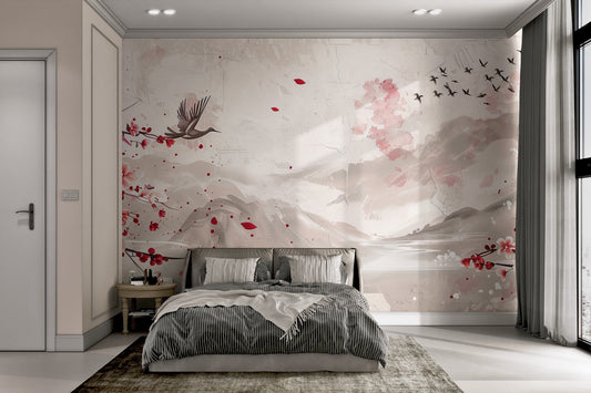Traditional floral blossom wall mural featuring elegant birds in flight.
