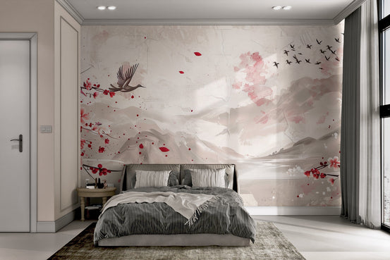 Traditional floral blossom wall mural featuring elegant birds in flight.