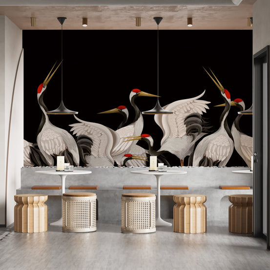 Japanese Crane Elegance Removable Murals in a cafe with wooden stools.