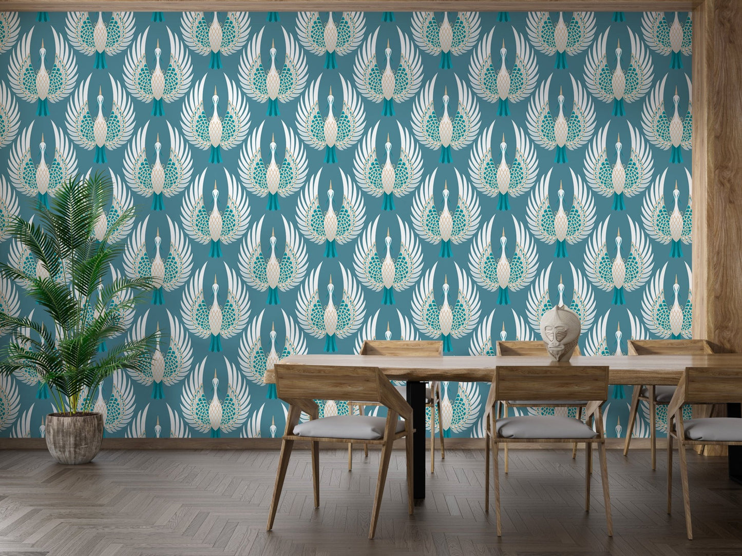 Elegant crane bird design on blue wallpaper for dining area.