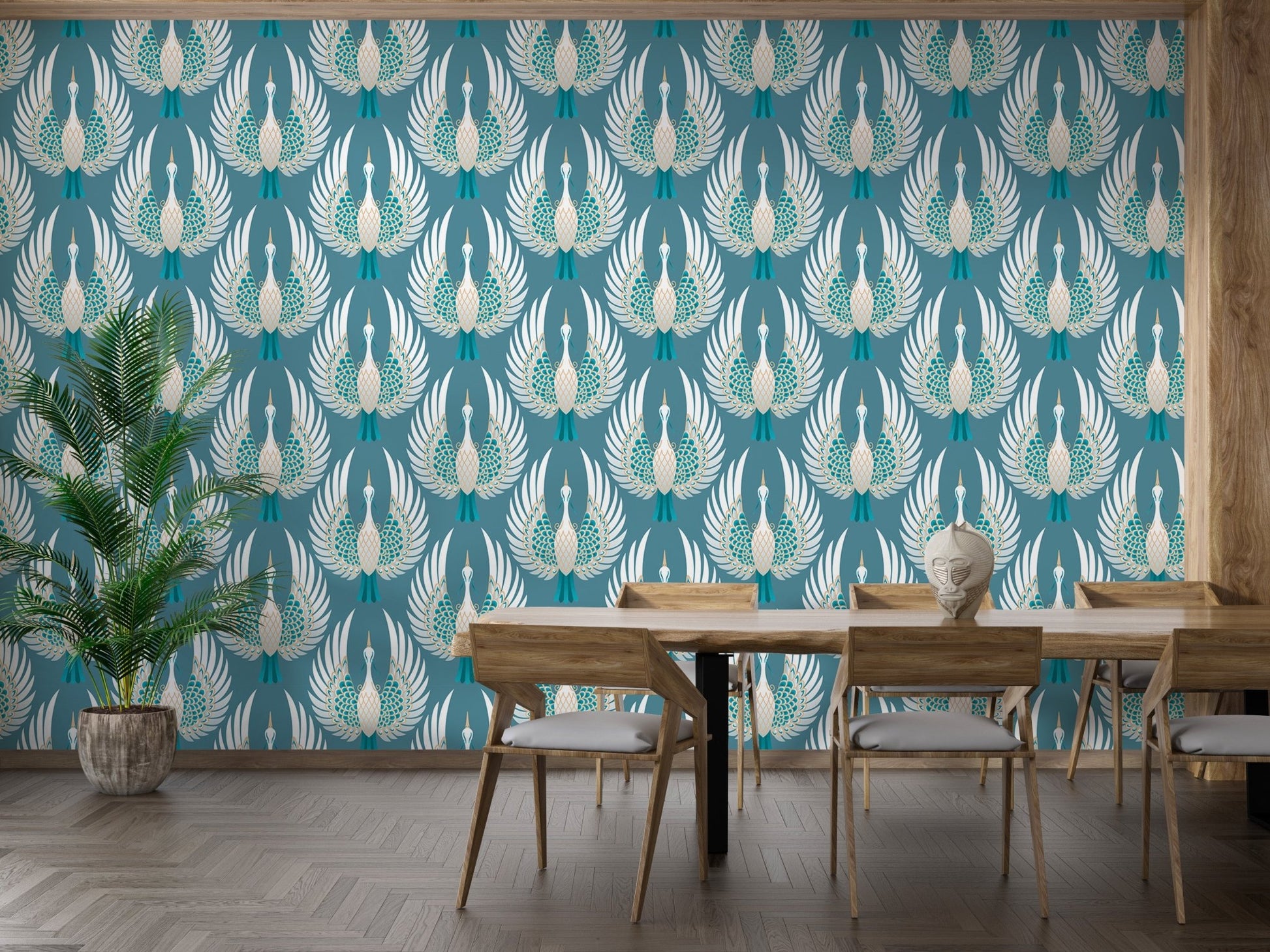 Elegant crane bird design on blue wallpaper for dining area.