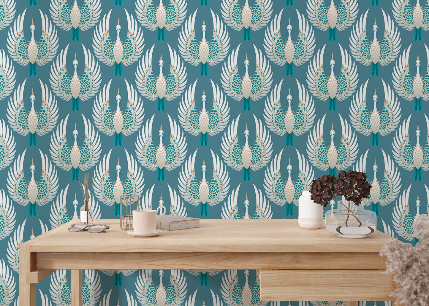 Japanese Indian crane bird wallpaper on a study wall with a wooden desk.