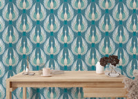 Japanese Indian crane bird wallpaper on a study wall with a wooden desk.