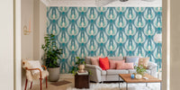 Stylish blue crane bird pattern wallpaper in bright living room.
